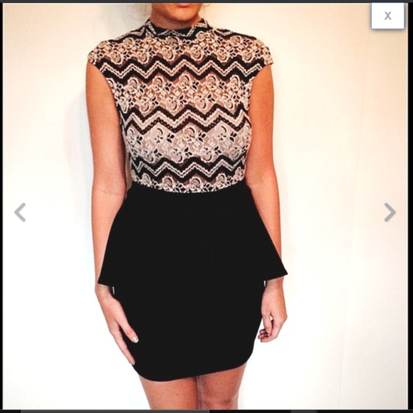 Black White Sheer Chevron Lace Peplum Dress S